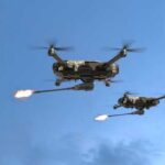 Two military drones firing projectiles in the sky