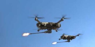 Two military drones firing projectiles in the sky