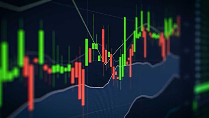 Close-up of a candlestick chart displaying stock market data