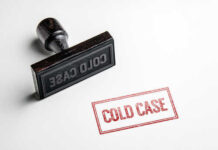 SUPREME COURT Shocker In Milk-Carton Murder Mystery Rubber stamp with the words COLD CASE next to a stamped impression