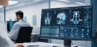 Person analyzing brain MRI images with a pen.