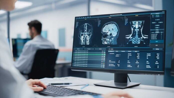 Medical,Hospital,Research,Lab:,Caucasian,Female,Neurosurgeon,Using,Computer,With Person analyzing brain MRI images with a pen.