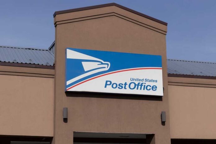 Row of blue United States Postal Service mailboxes