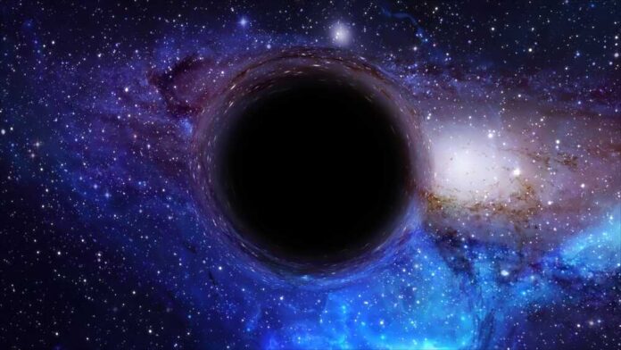 3d,Rendering,Of,A,Supermassive,Black,Hole,,In,The,Foreground A black hole surrounded by a colorful galaxy filled with stars