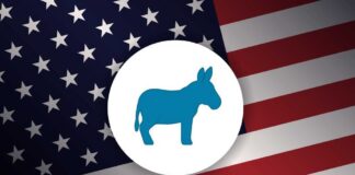 Democrats Panic: Nominee Torched By Bombshell Blue donkey symbol on a background of the American flag