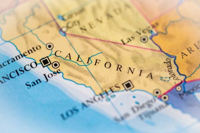 California,,United,States,Highlighted,On,A,World,Map. Close-up view of a map highlighting California and its major cities