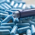 Insulin pen on blue capsules