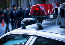 Police car lights with officers blurred in background.