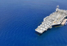 Aircraft carrier on a vast blue ocean