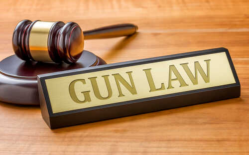 A gavel and a nameplate reading 'GUN LAW' on a wooden surface