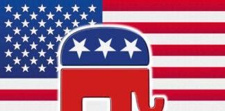 Republican Party elephant logo on American flag background.