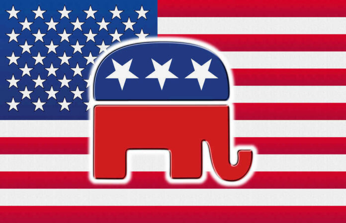 Republican Party elephant logo on American flag background.