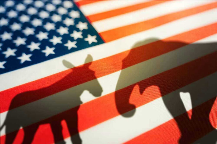 shutterstock_21937516992 Donkey and elephant shadows on American flag background.