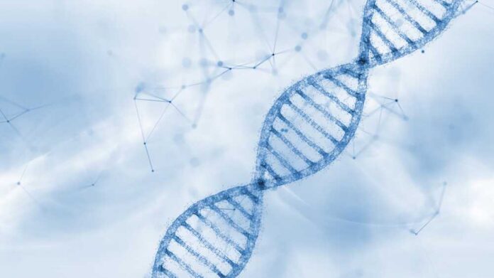 Illustration of a DNA double helix on a blue background