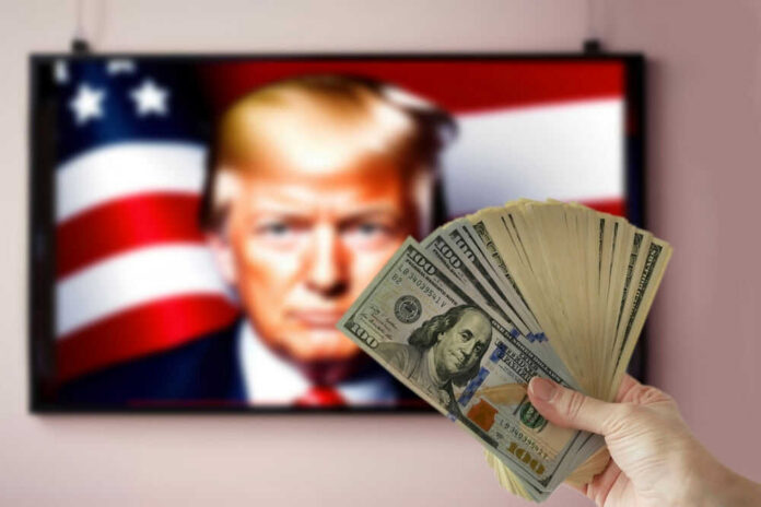 Hand holding cash in front of American flag background with Donald Trumps face