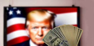 Trump’s Cash Envelopes Stir Ethics Alarms Hand holding cash in front of American flag background with Donald Trumps face