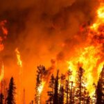 Forest wildfire engulfs tall trees at night