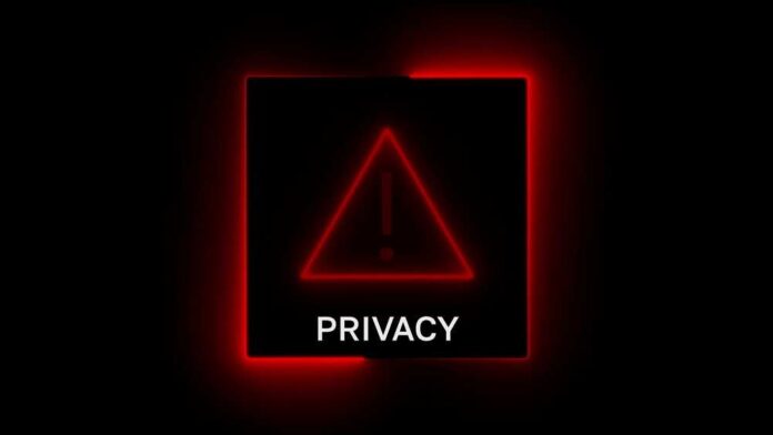 A red neon privacy warning sign with an exclamation mark