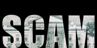 9 In 10 Americans Targeted in Scams The word 'SCAM' formed by a background of a dollar bill