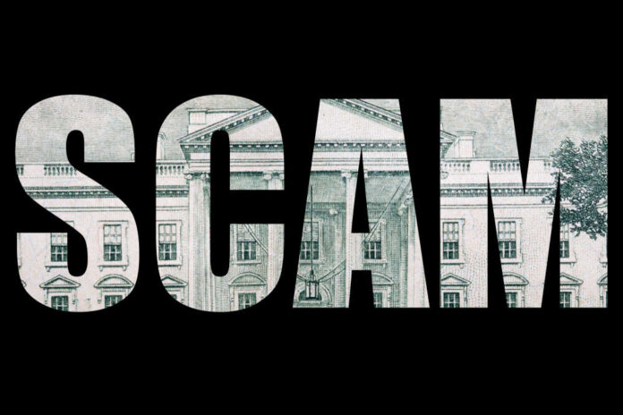 shutterstock_1426832492 The word 'SCAM' formed by a background of a dollar bill
