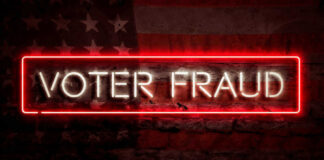 Neon sign reading Voter Fraud on American flag background.