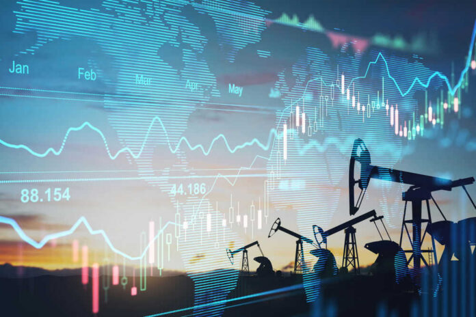 Oil pumps and financial charts against world map