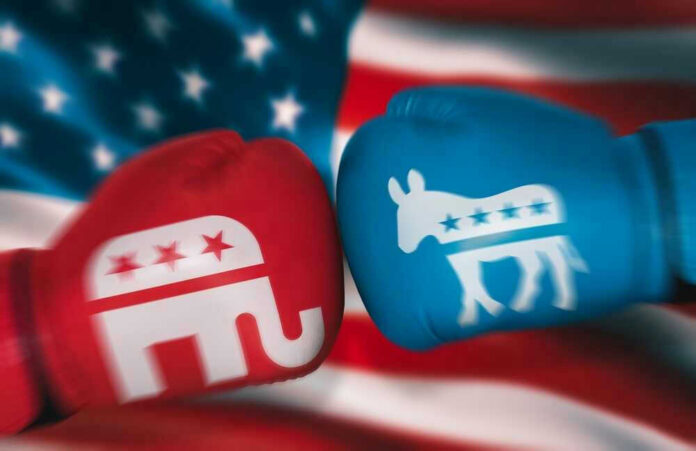 Red and blue boxing gloves with political party symbols.