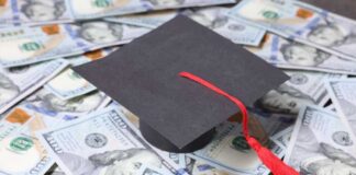 Tuition Meltdown: Prices Sliced Graduation cap with red tassel on scattered US dollar bills
