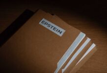 Stack of brown file folders labeled 'EPSTEIN'
