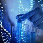 Gloved hand selecting a test tube among blue vials with DNA strands overlay