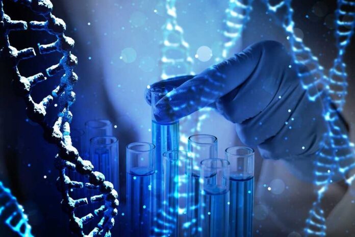 Gloved hand selecting a test tube among blue vials with DNA strands overlay