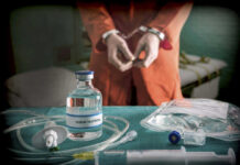 Handcuffed person behind Sodium Thiopental and medical equipment.